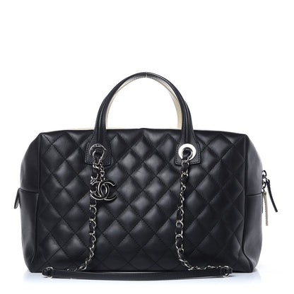 Chanel Calfskin Quilted Feather Weight Bowling Bag Black Beige 1 of 17