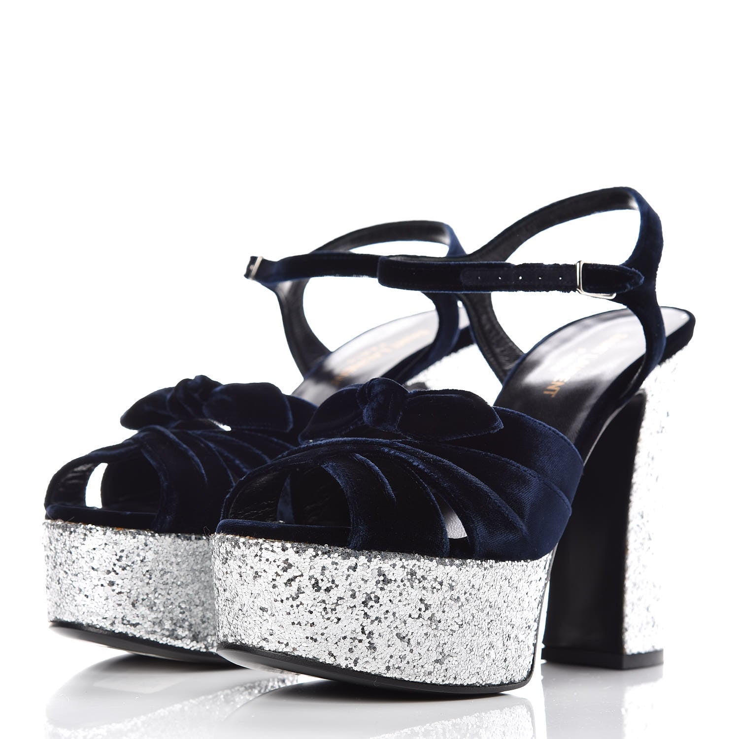 Saint Laurent Velvet Glitter Claire Candy Bow 80 Platform Sandal 37 Marine Argento 3 of 9
