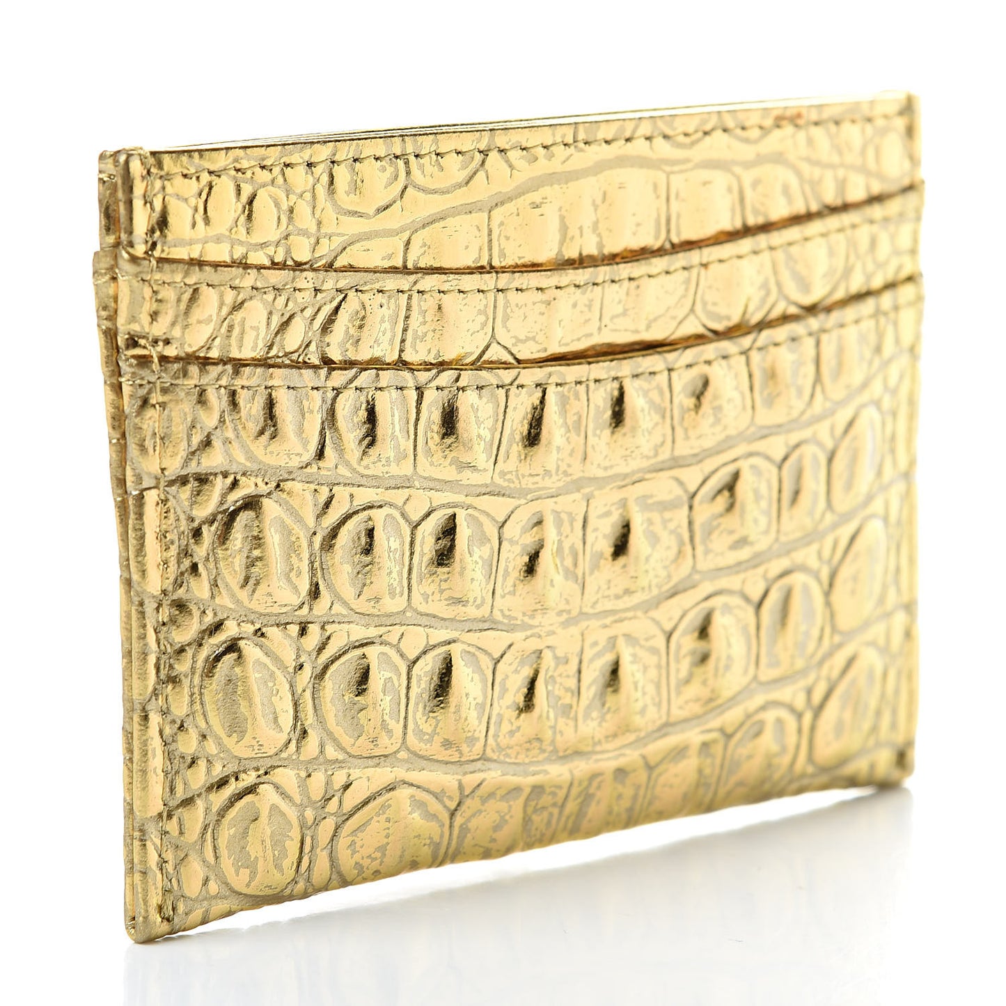 Metallic Calfskin Crocodile Embossed Cocodile Card Holder Gold