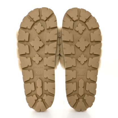 Prada Shearling Metal Triangle Logo Lug Sole 20mm Slide Sandals 39.5 Ecru 5 of 9