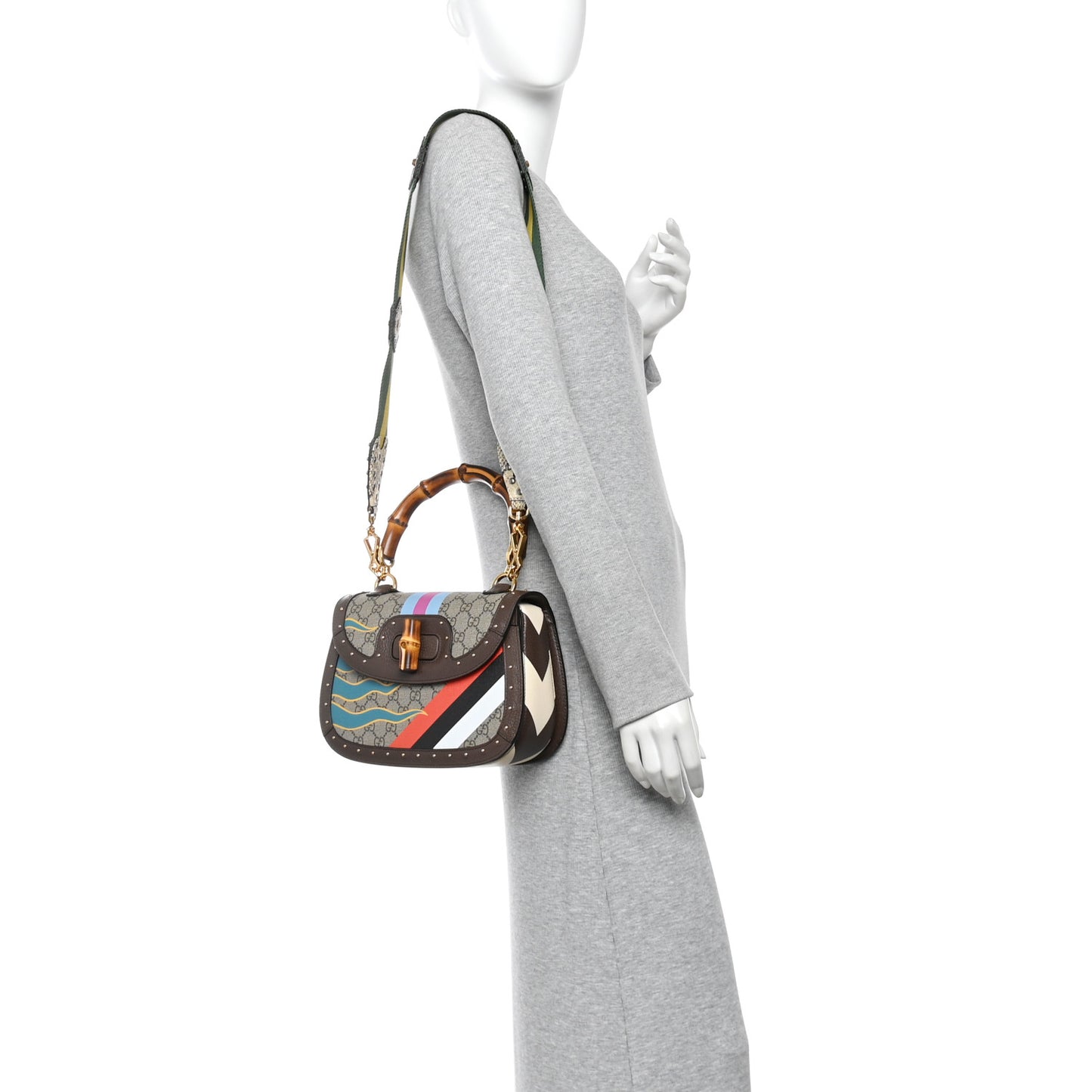 GG Supreme Monogram Studded Calfskin Centum Medium Bamboo 1947 Top Handle Bag Beige Ebony Multicolor
