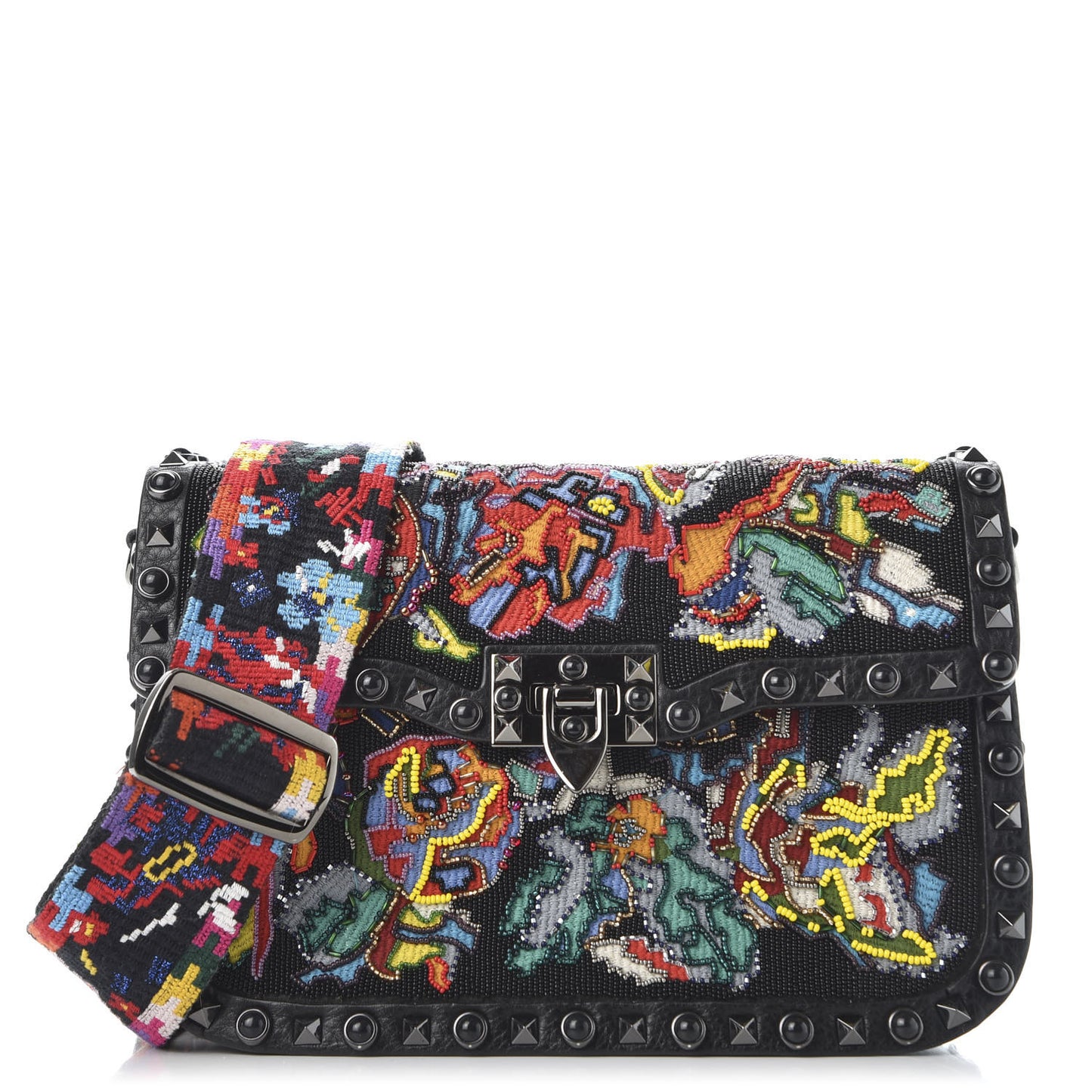 Calfskin Beaded Medium Guitar Strap Rockstud Rolling Flap Saddle Bag Black