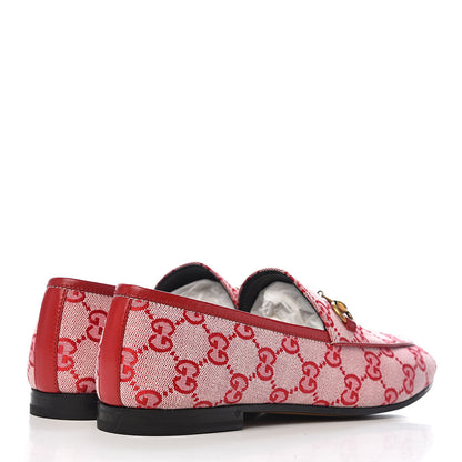 Gucci Canvas GG Monogram Horsebit Womens Jordaan Loafers 38.5 Gardenia Hibiscus Red 3 of 10