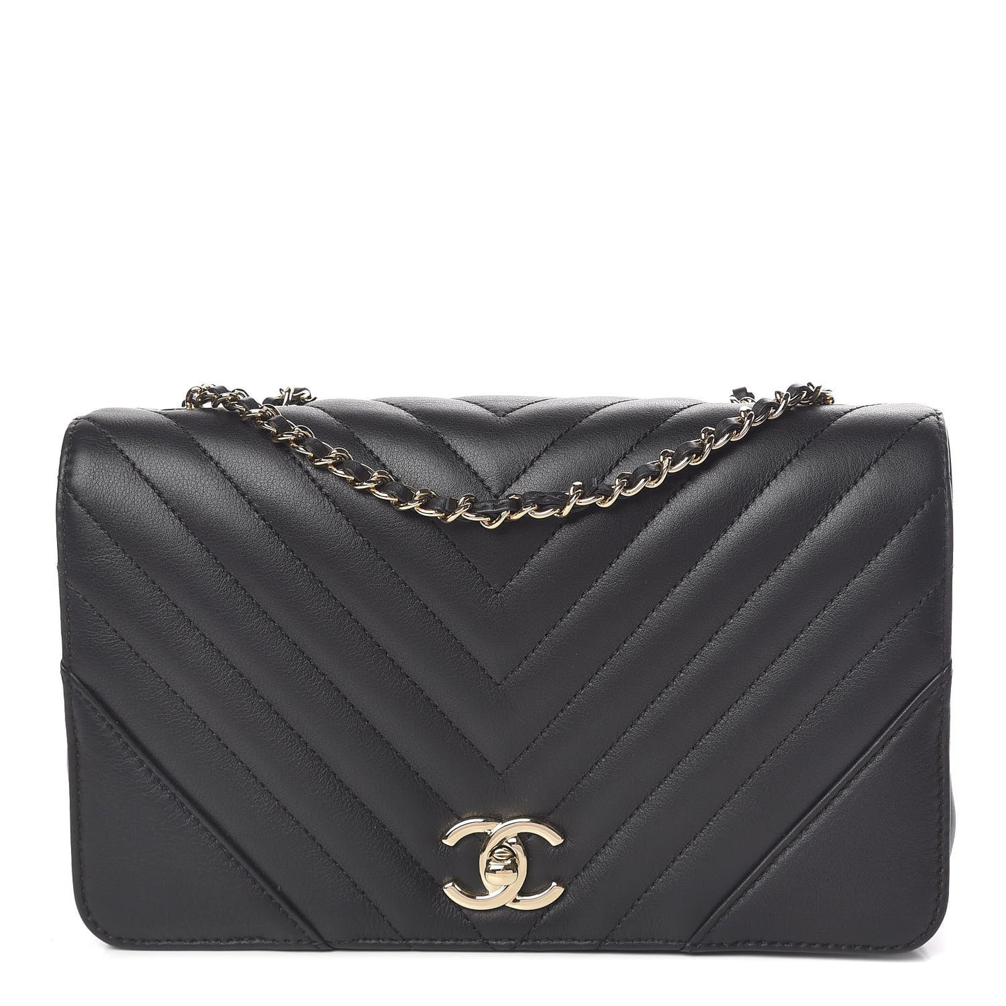 Calfskin Chevron Quilted Statement Flap Black
