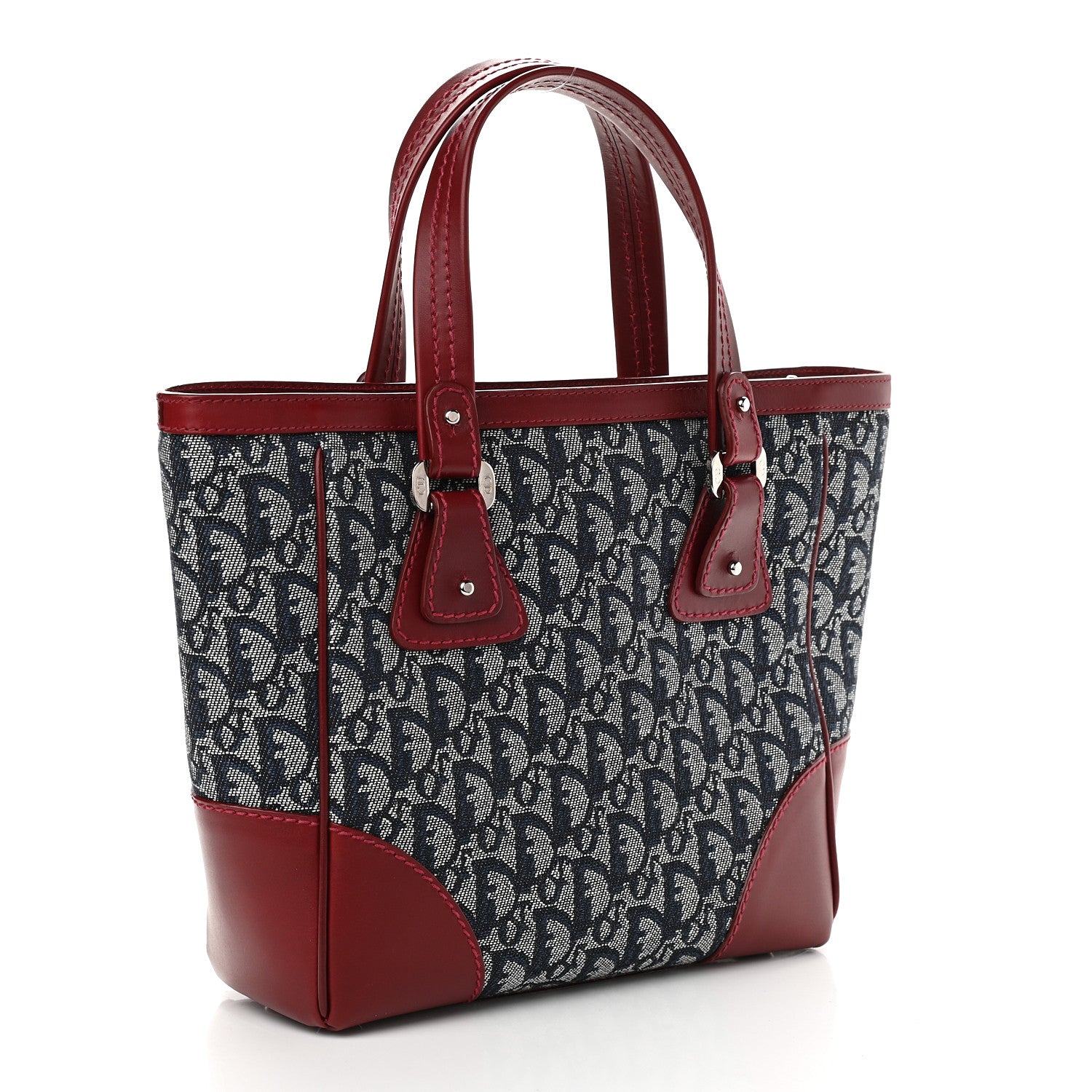Christian Dior Denim Calfskin Monogram Tote Navy Blue Red 2 of 9