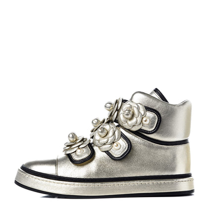 Chanel Metallic Lambskin Camellia High Top Sneakers 39 Gold 1 of 11
