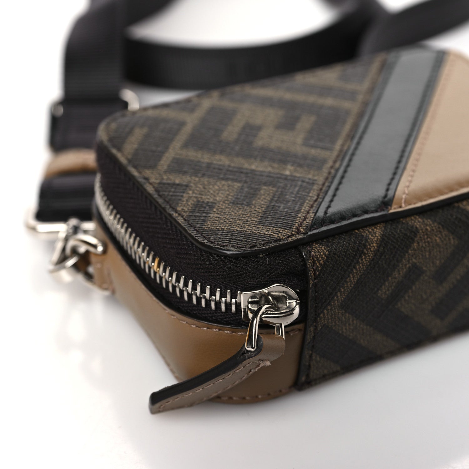 Fendi Glazed Fabric Vitello Cover FF 1974 Diagonal Bi-Color Mini Camera Case Tobacco Moro Sand Black 8 of 10