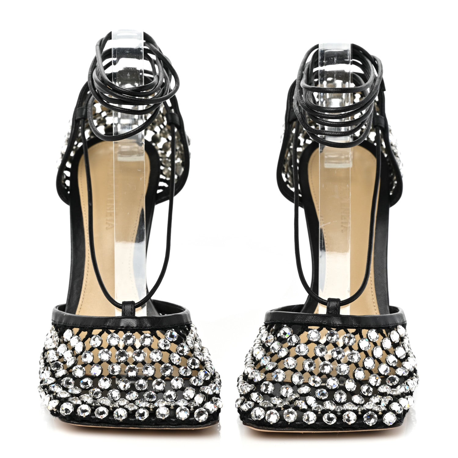 Bottega Veneta Mesh Nappa Crystal Embellished Sparkle Stretch Ankle Tie Sandals 36.5 Black 2 of 8