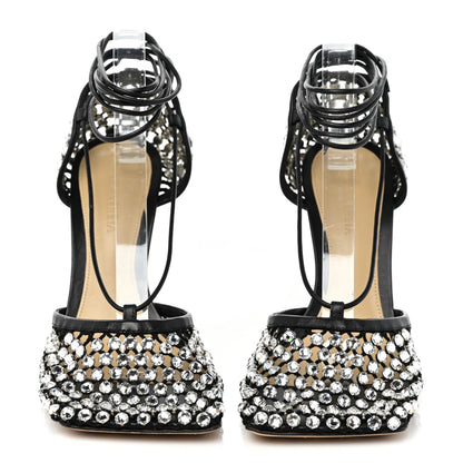 Bottega Veneta Mesh Nappa Crystal Embellished Sparkle Stretch Ankle Tie Sandals 36.5 Black 2 of 8