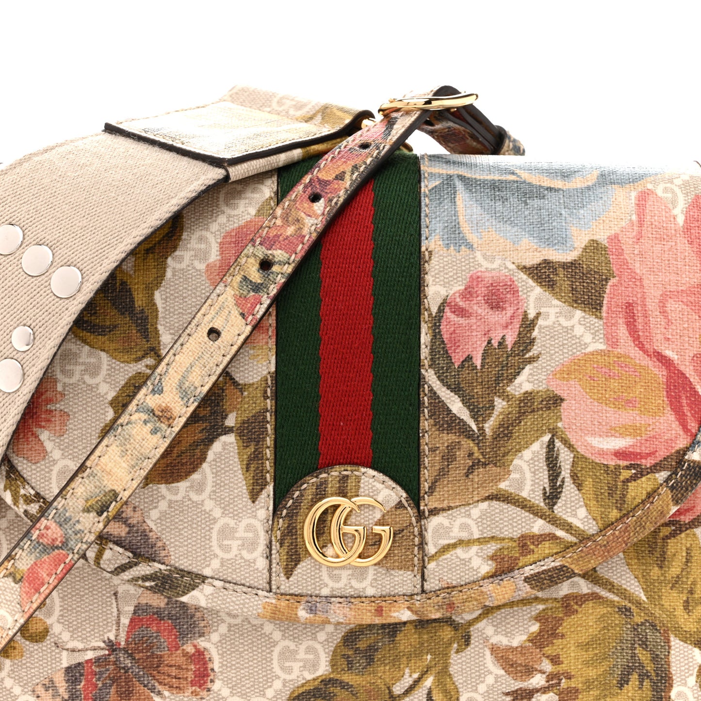 GG Supreme Monogram Water Flora Web Studded Mini Ophidia Flap Shoulder Bag Beige White Multicolor
