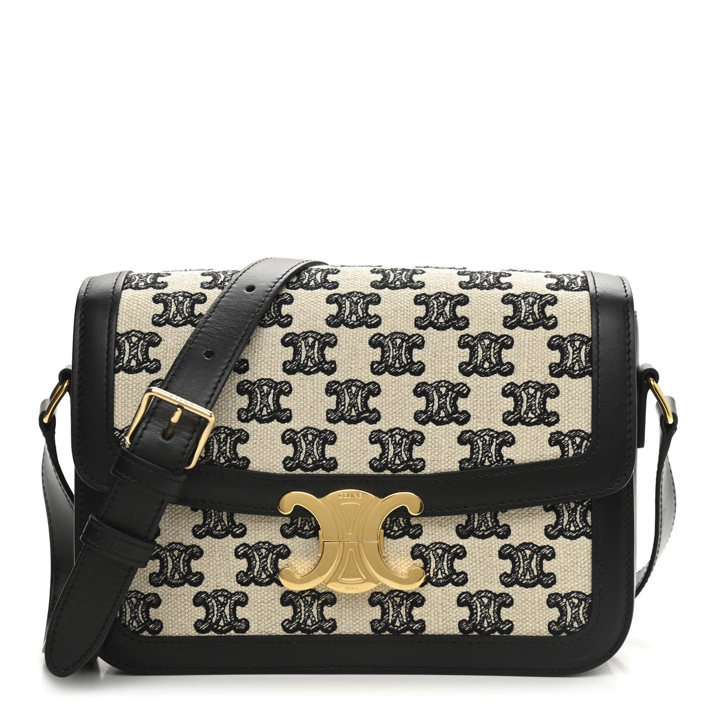 Canvas Calfskin Triomphe Embroidered Medium Triomphe Bag Black