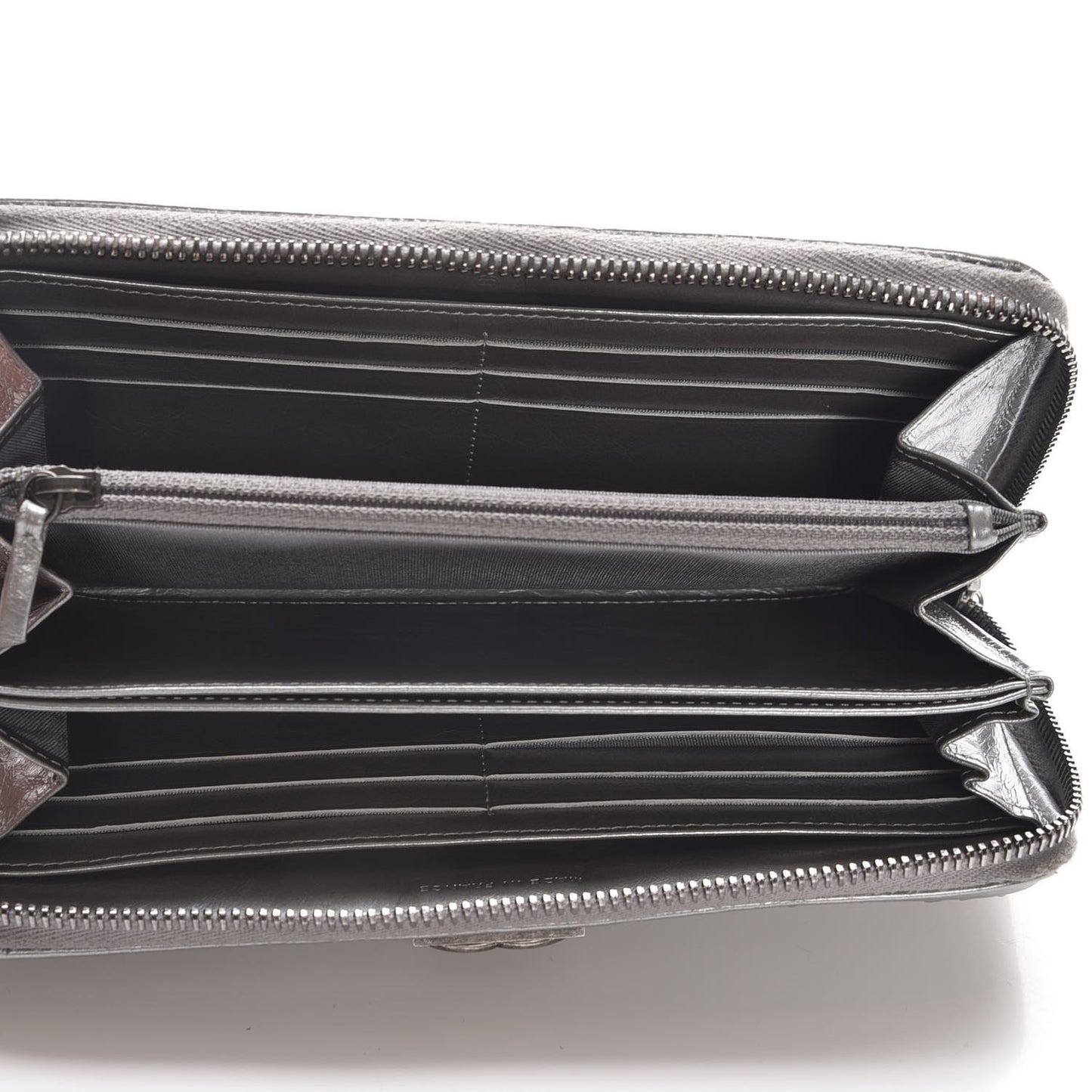 Metallic Calfskin Quilted Boy Chain Large Gusset Zip Around Wallet Silver