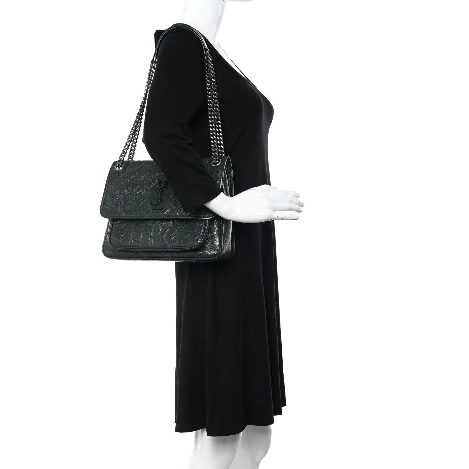 Saint Laurent Crinkled Calfskin Matelasse Monogram Medium Niki Chain Satchel Dark Green 2 of 10