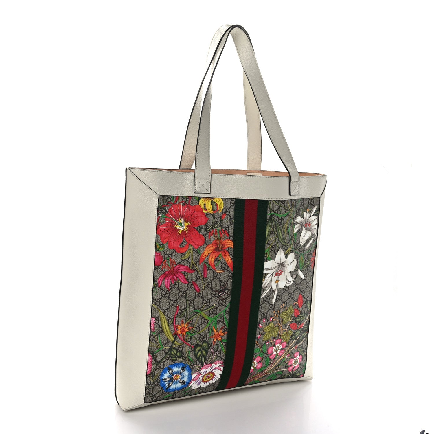 Gucci GG Supreme Monogram Flora Web Ophidia Vertical Shopping Tote White 4 of 10
