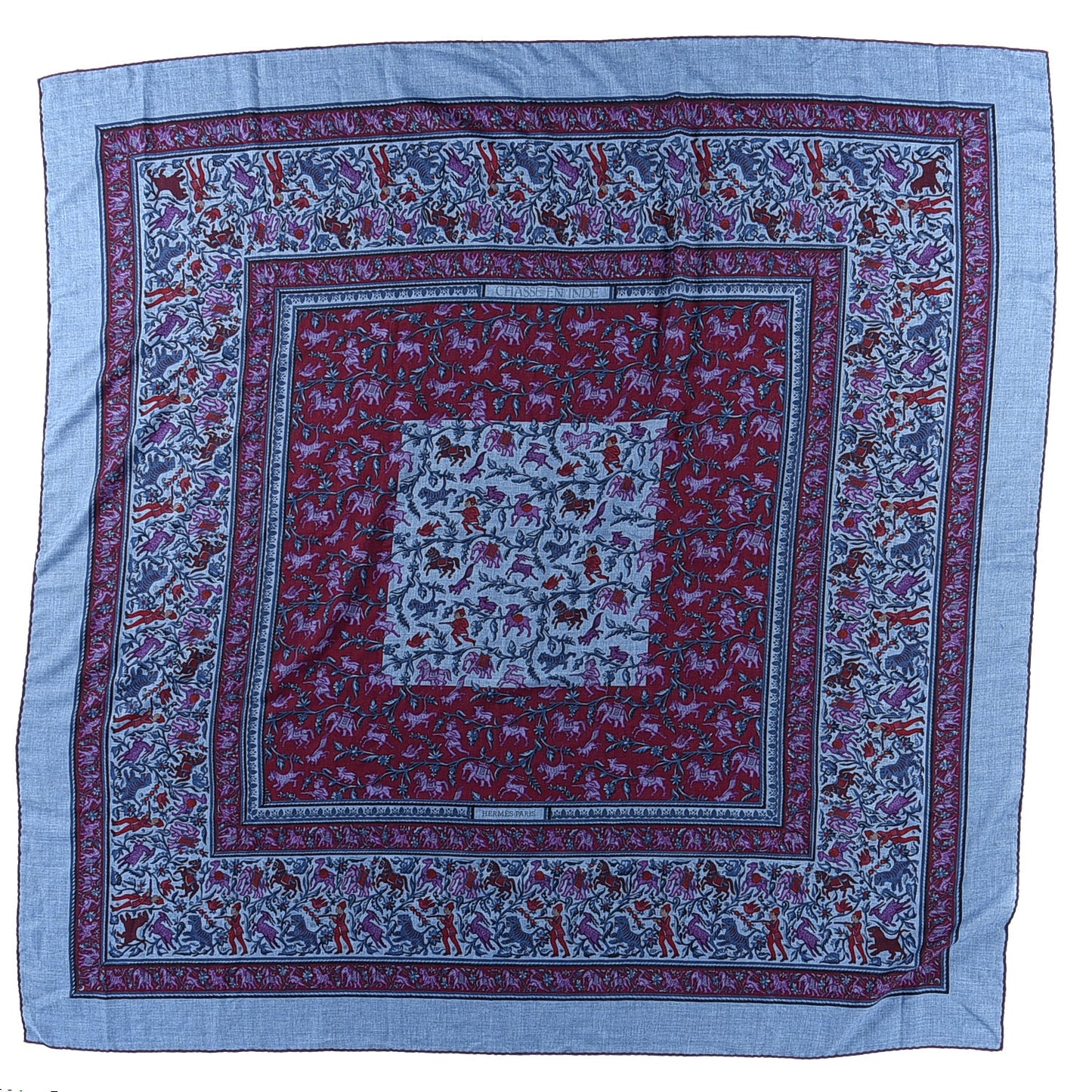 Cashmere Silk Chasse En Inde Shawl 140 Bleu Chine Violet Blue Jean