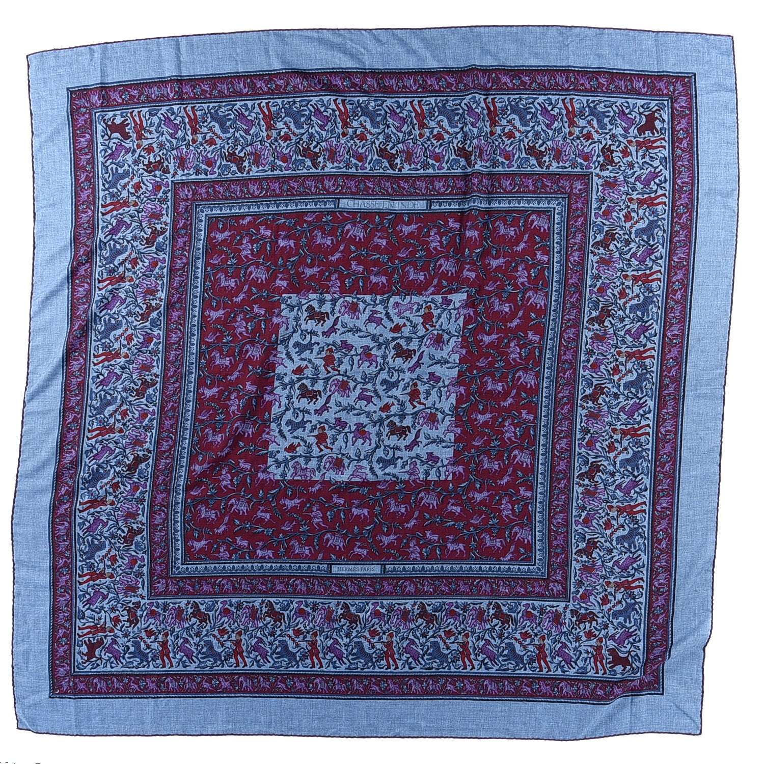 Hermes Cashmere Silk Chasse En Inde Shawl 140 Bleu Chine Violet Blue Jean 1 of 3