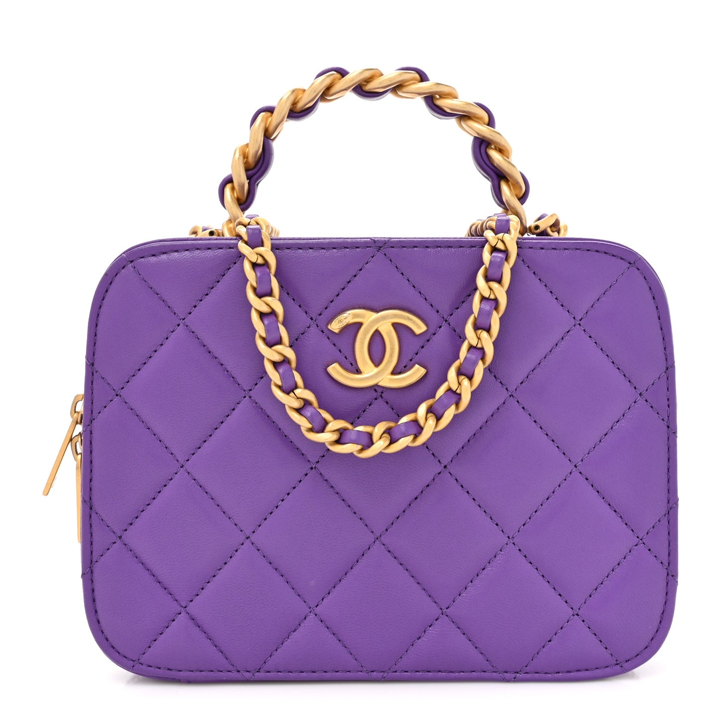 Lambskin Quilted Top Handle Small Vanity Case Purple