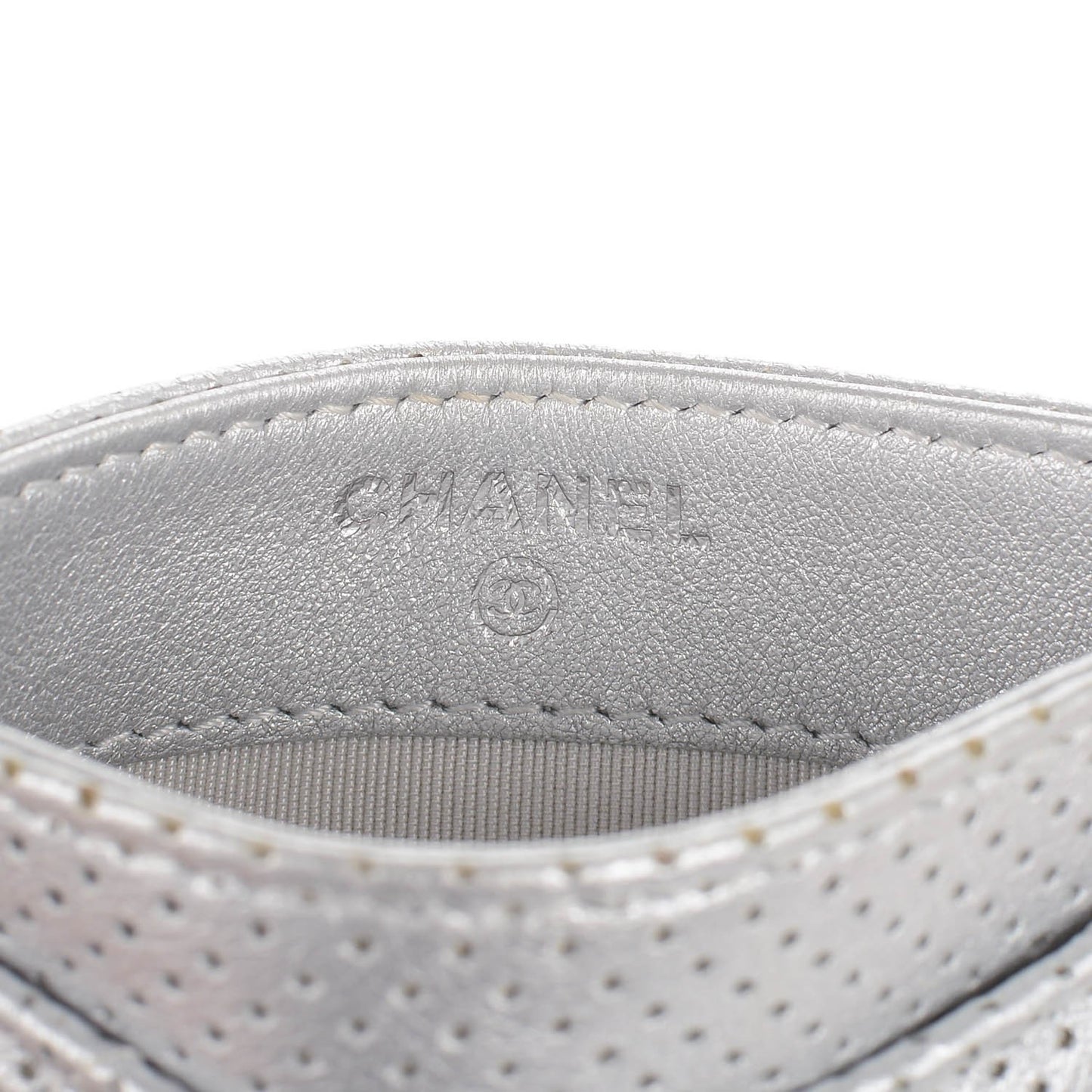 Perforated Lambskin Quilted Card Holder Light Silver