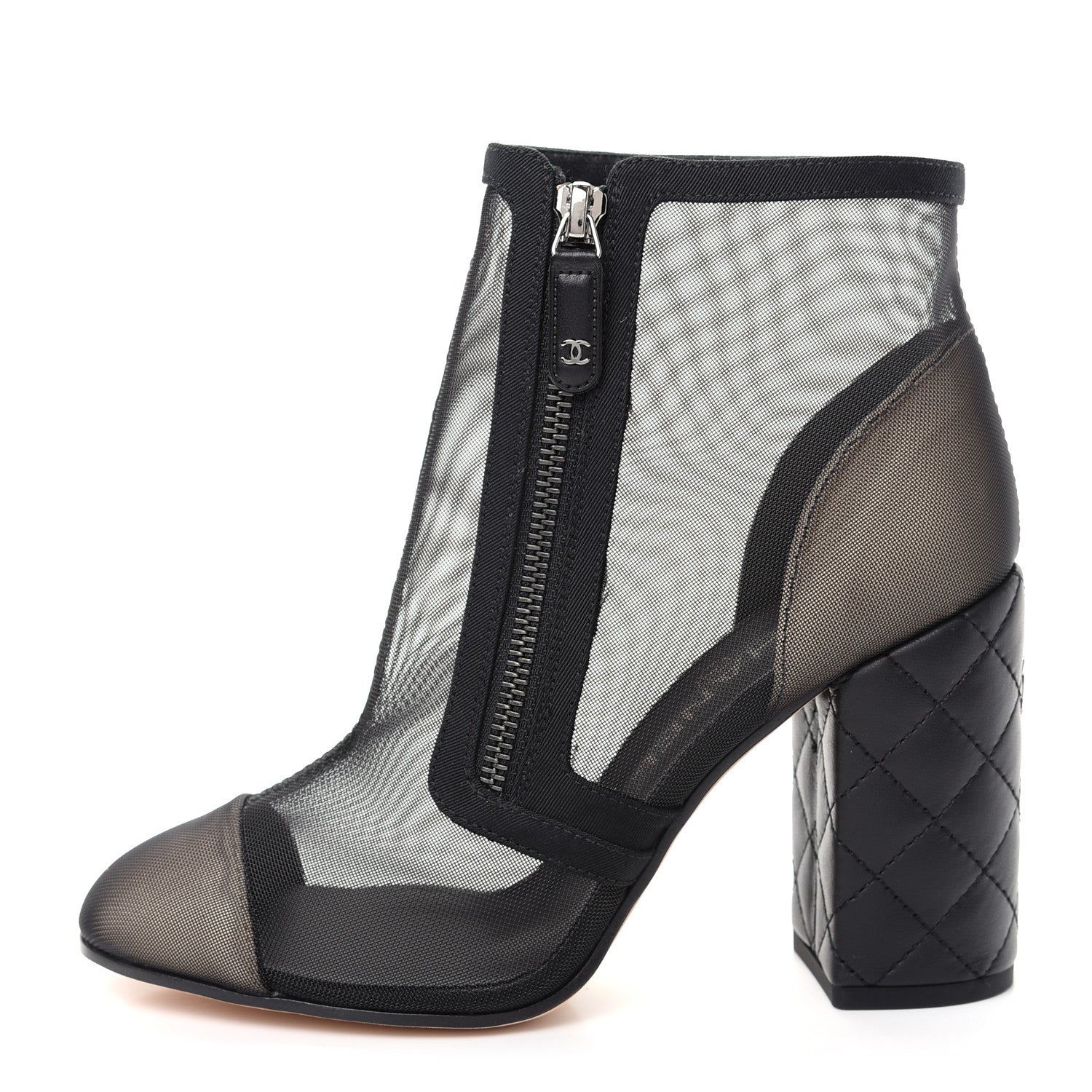 Chanel Mesh Grosgrain Cap Toe Short Boots 37.5 Beige Black 1 of 11