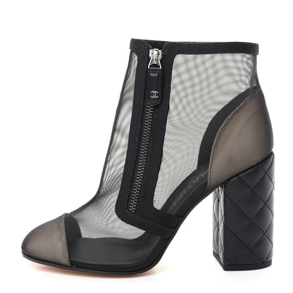 Chanel Mesh Grosgrain Cap Toe Short Boots 37.5 Beige Black 1 of 11