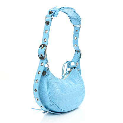 Balenciaga Extra Supple Calfskin Crocodile Embossed Le Cagole Shoulder Bag XS Sky Blue 4 of 11