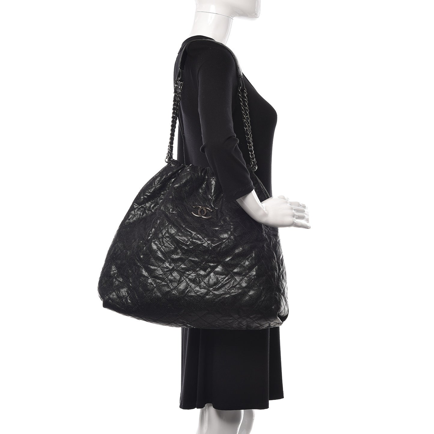 Distressed Glazed Caviar Quilted Large Elastic Tote Black