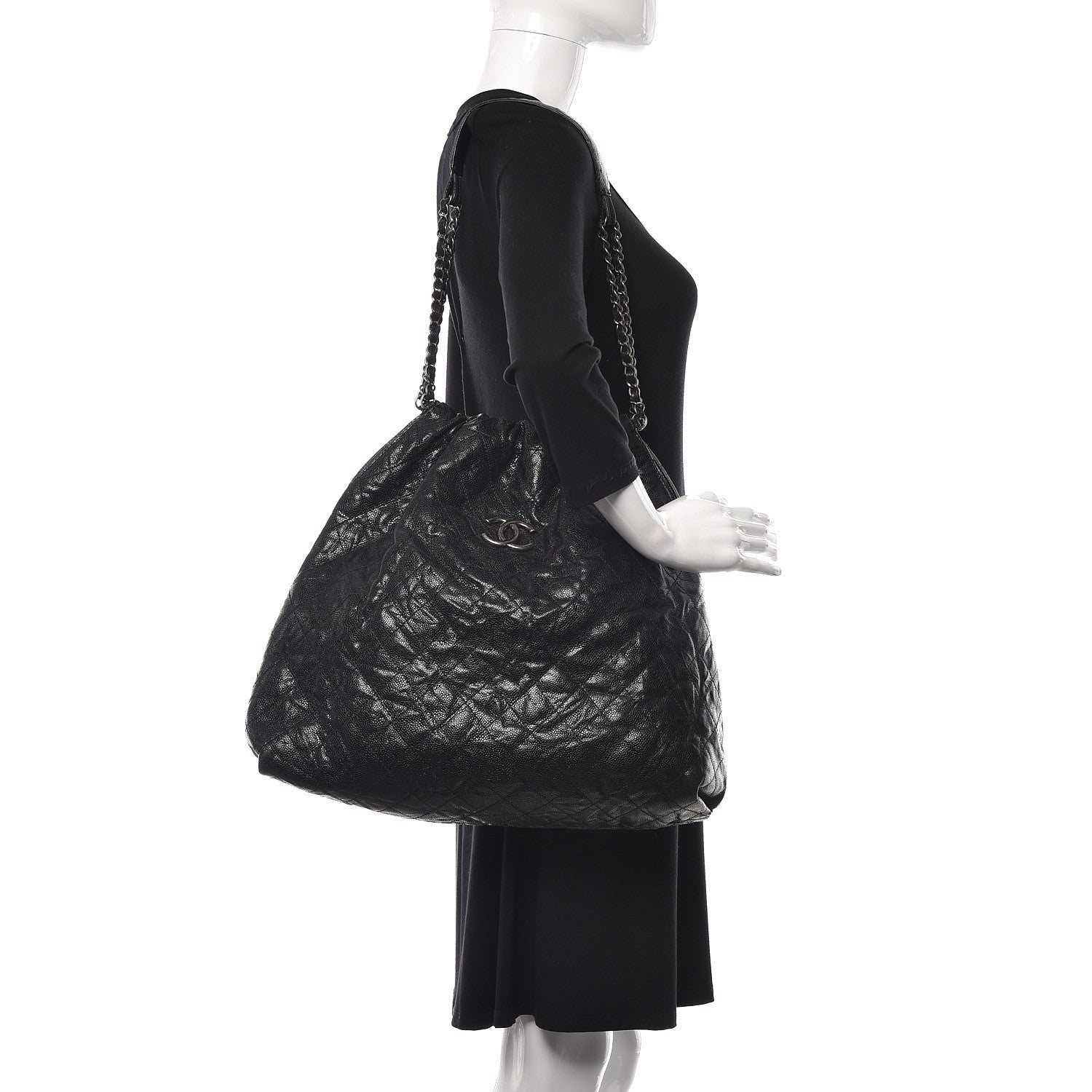 Chanel Distressed Glazed Caviar Quilted Large Elastic Tote Black 2 of 18
