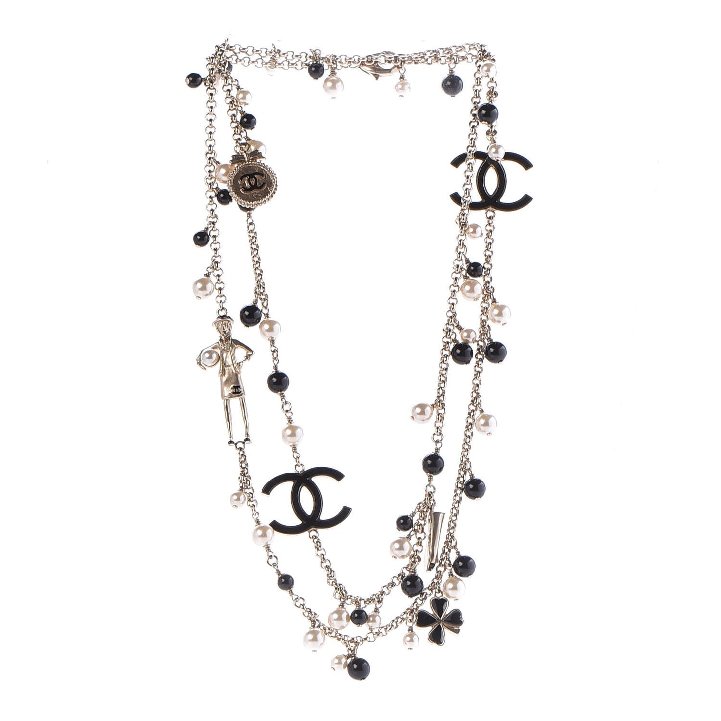 Pearl Beaded Enamel CC Coco Long Necklace Black Gold
