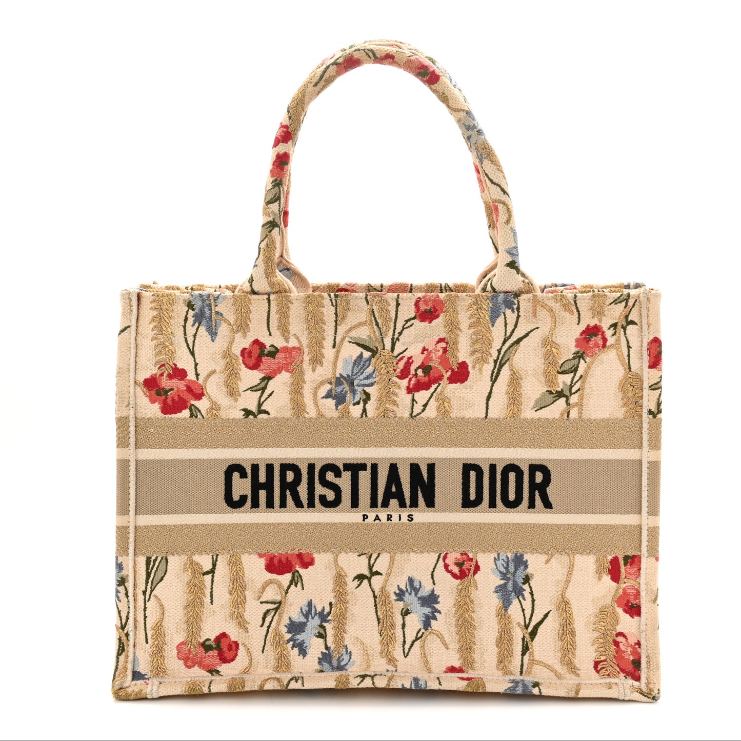 Canvas Embroidered Medium Hibiscus Book Tote Beige Multicolor