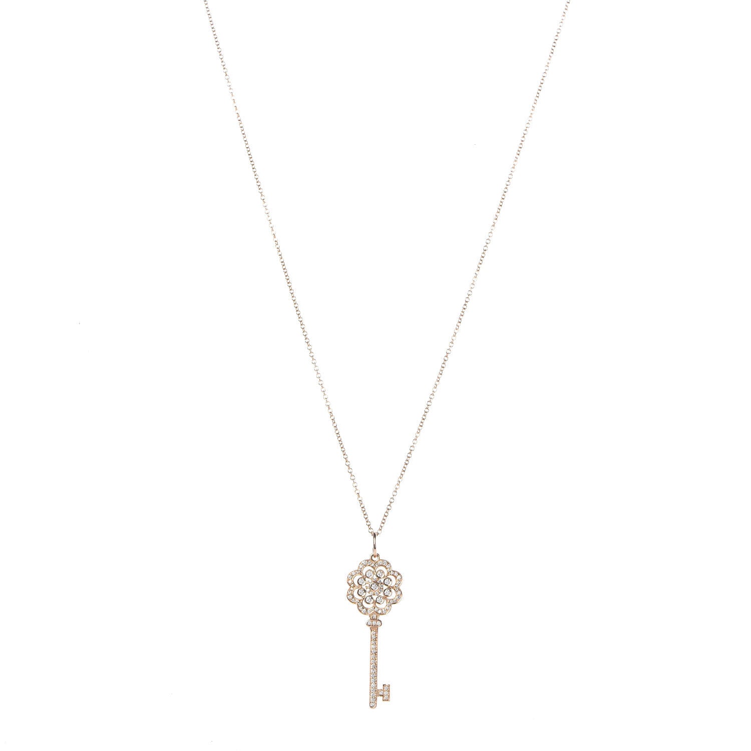 Tiffany 18K Yellow Gold Diamond Rose Key Pendant Necklace 1 of 8