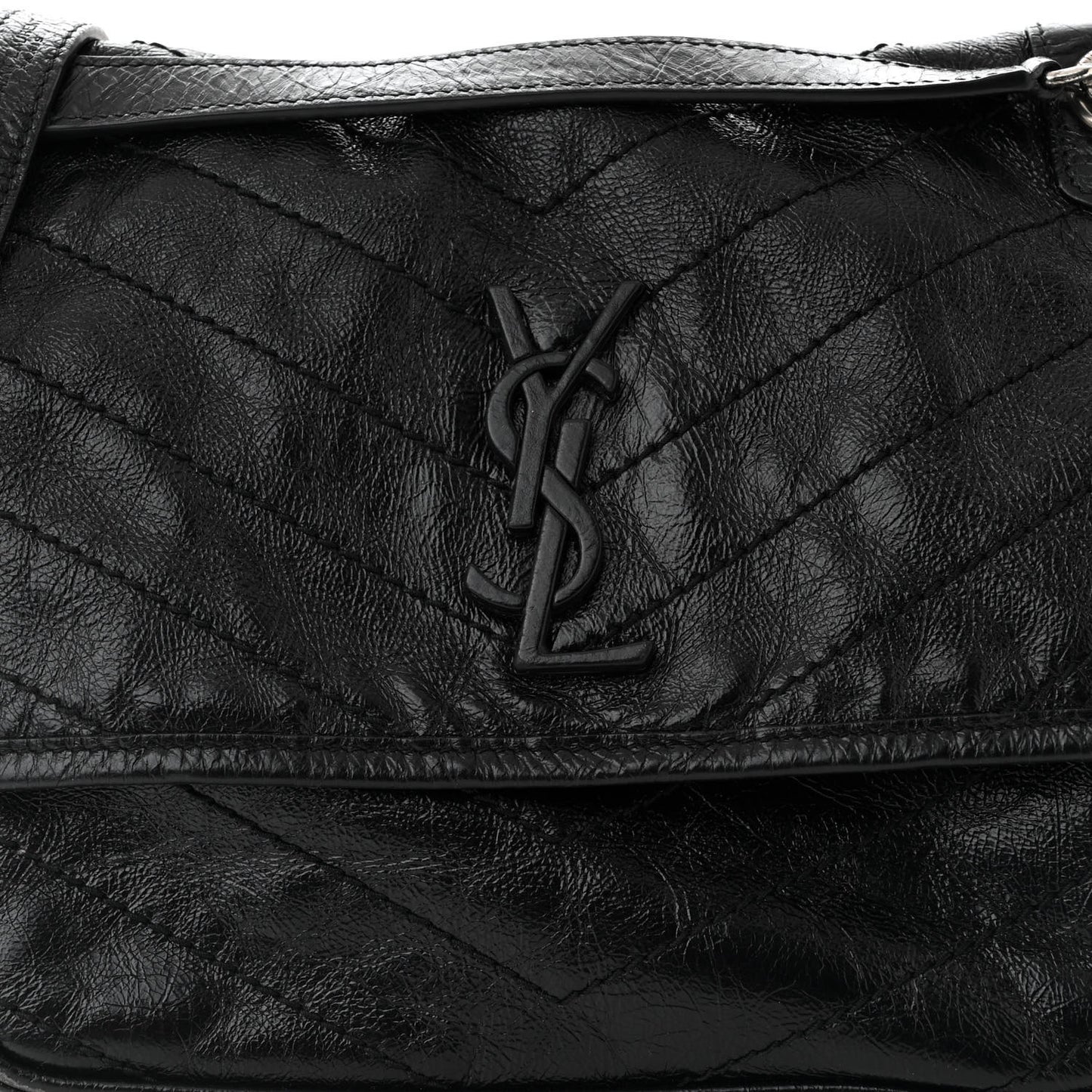 Crinkled Calfskin Matelasse Monogram Medium Niki Chain Satchel Black