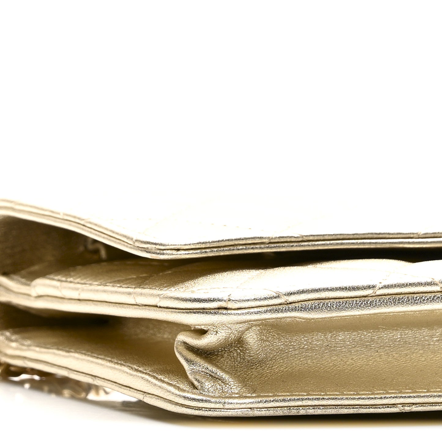 Metallic Lambskin Quilted Wallet On Chain WOC Gold