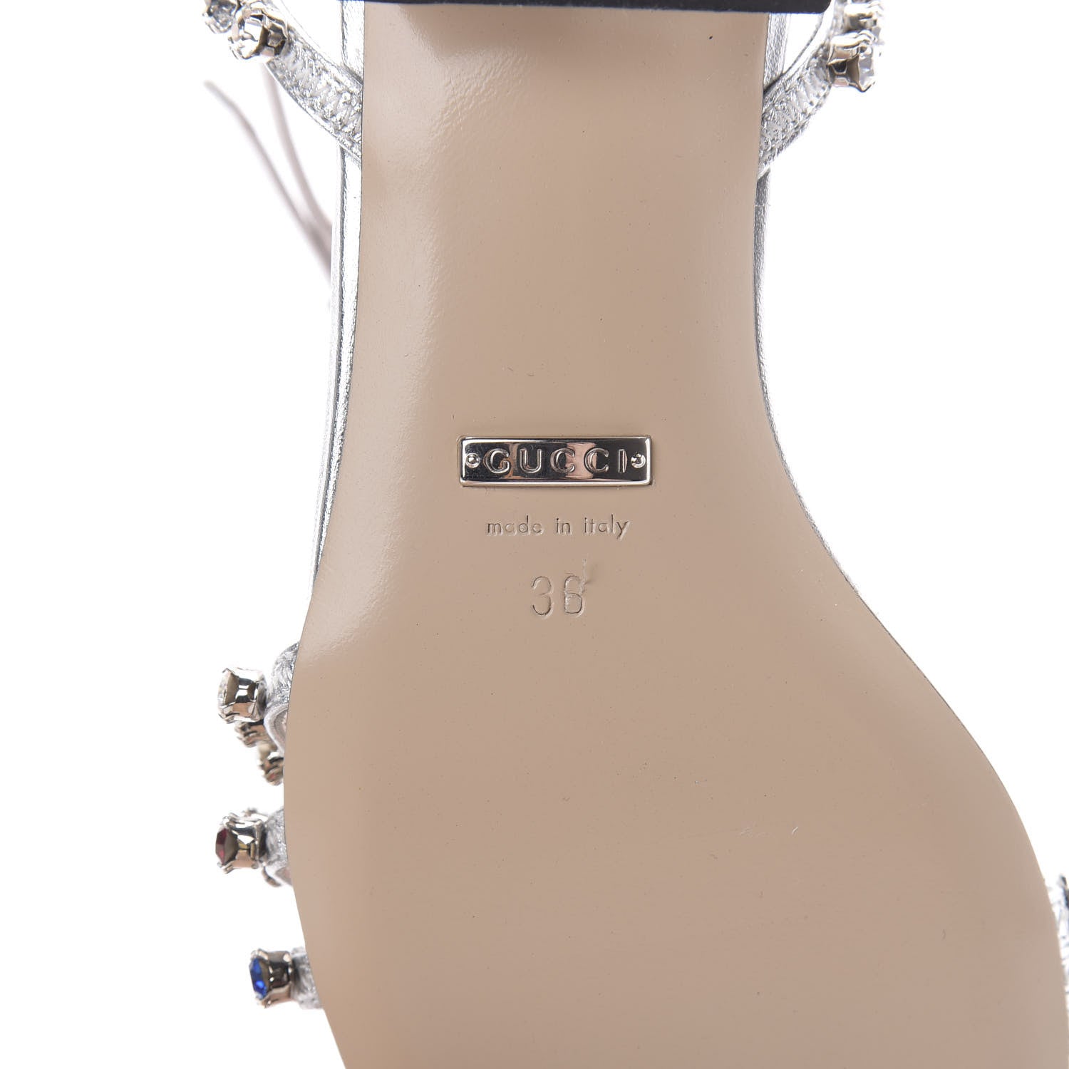 Gucci Nappa Silk Crystal Bertie T-Strap Low Heel Sandals 36 Argento 7 of 8