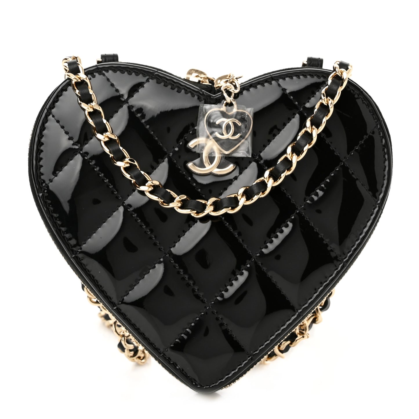 Patent Calfskin Resin Quilted CC Heart Clutch With Chain Black