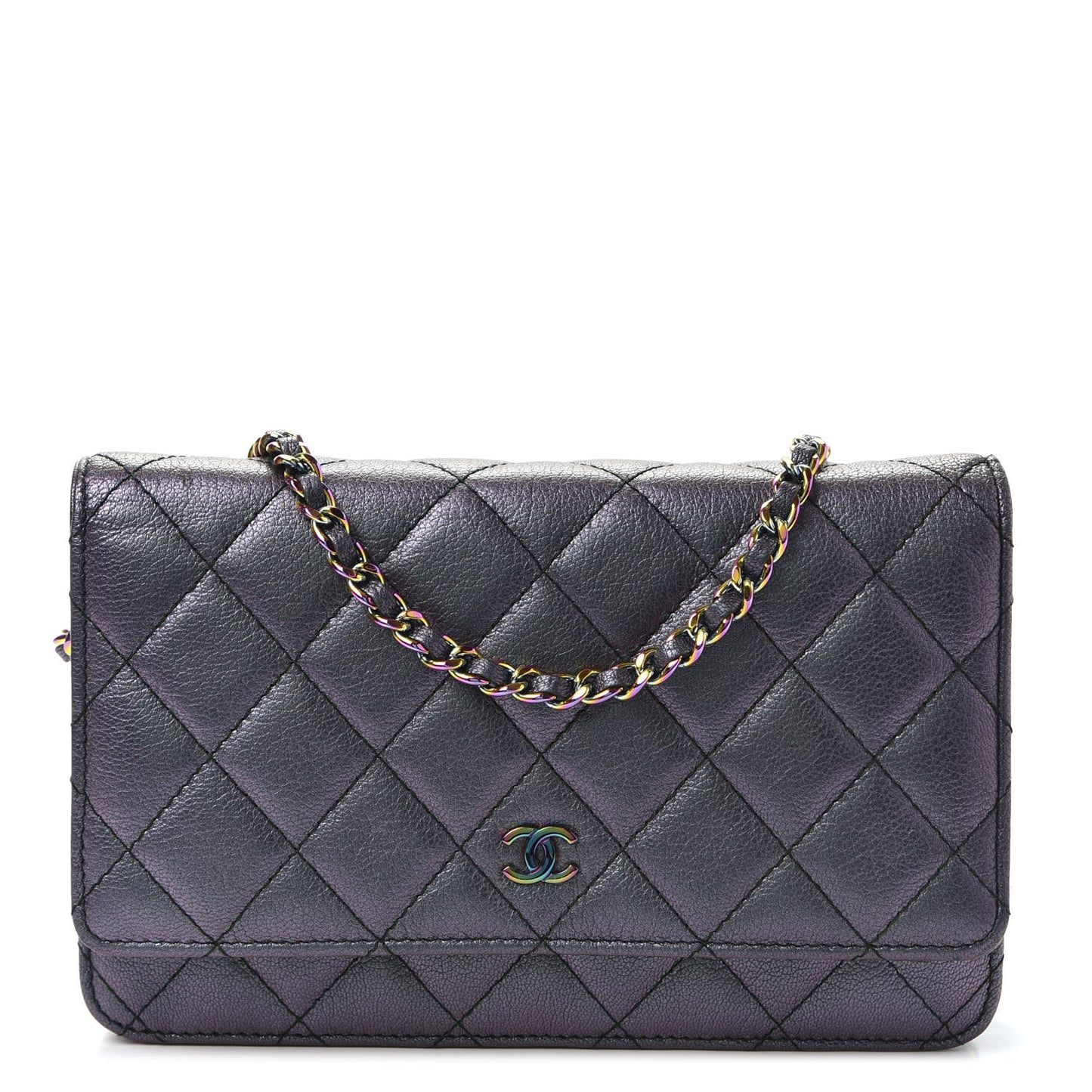 Iridescent Goatskin Quilted Wallet On Chain WOC Purple