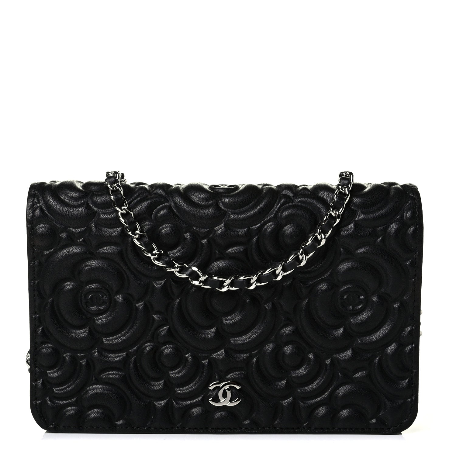 Chanel Lambskin Camellia Embossed Wallet on Chain WOC Black 1 of 4