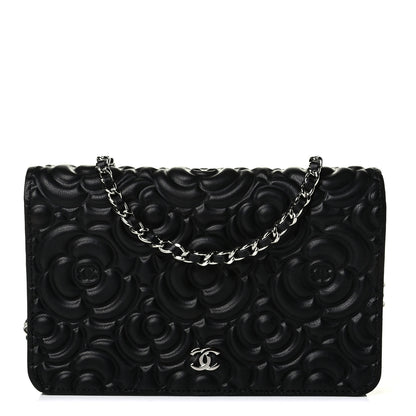 Chanel Lambskin Camellia Embossed Wallet on Chain WOC Black 1 of 4