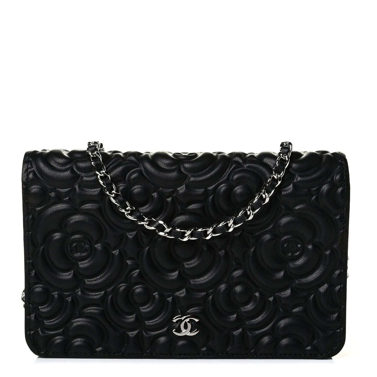 Lambskin Camellia Embossed Wallet on Chain WOC Black