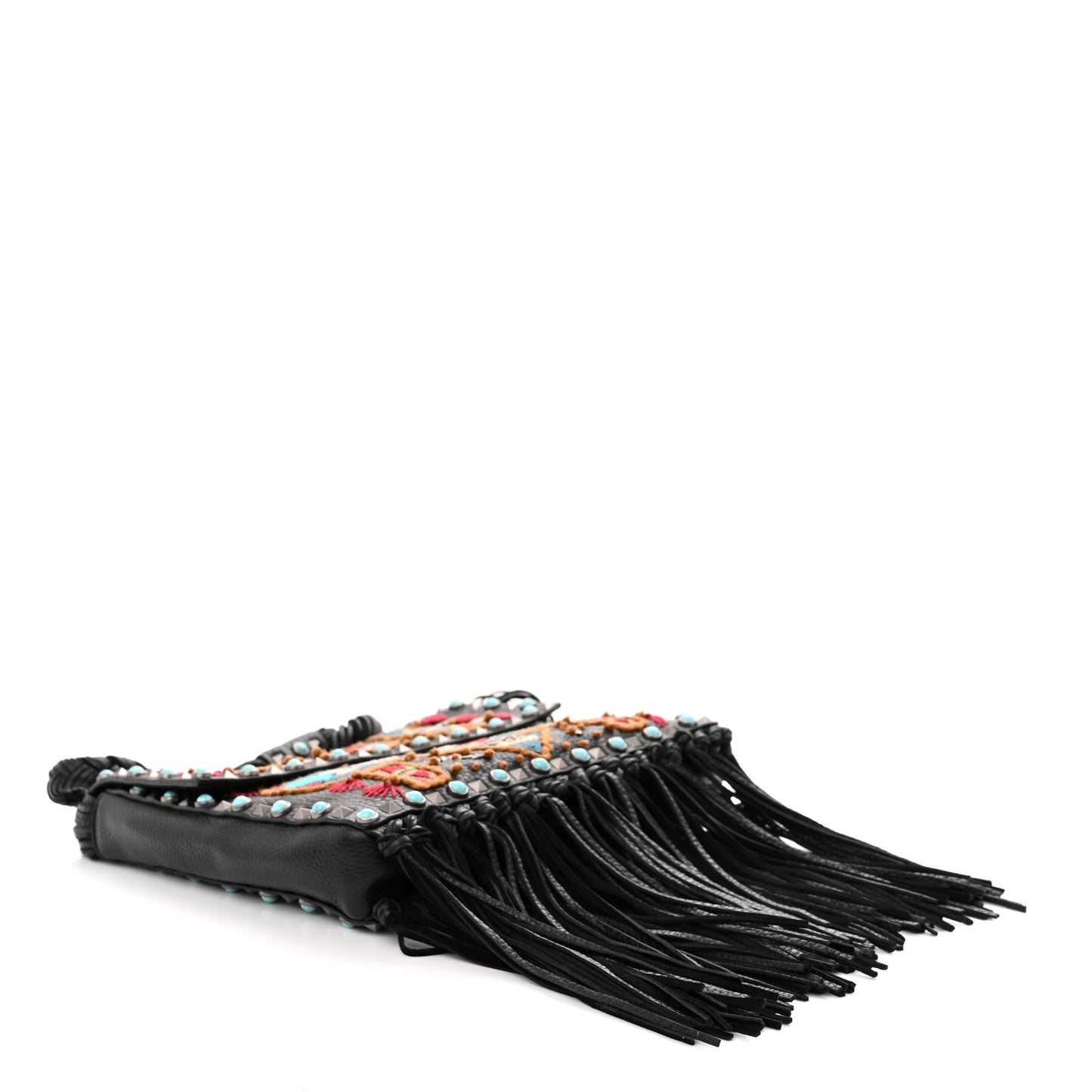 Pebbled Calfskin Embroidered Rockstud Rolling Fringe Messenger Black