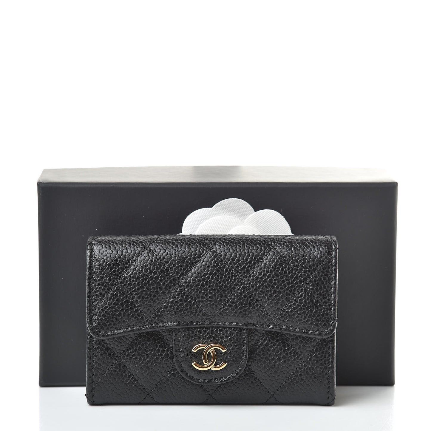 Caviar Quilted Flap Card Holder Wallet Black