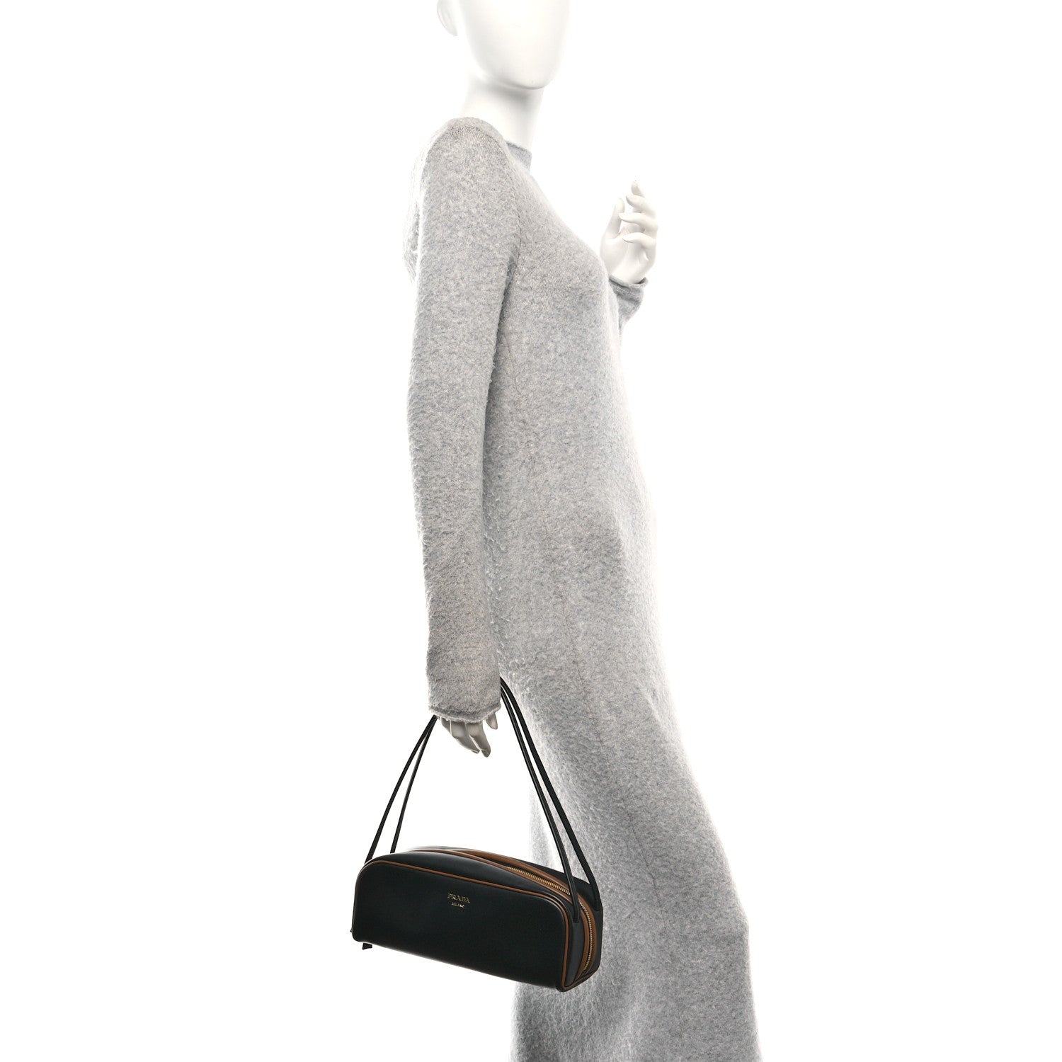 Prada Soft Calfskin Swing Shoulder Bag Black Hazelnut 2 of 9