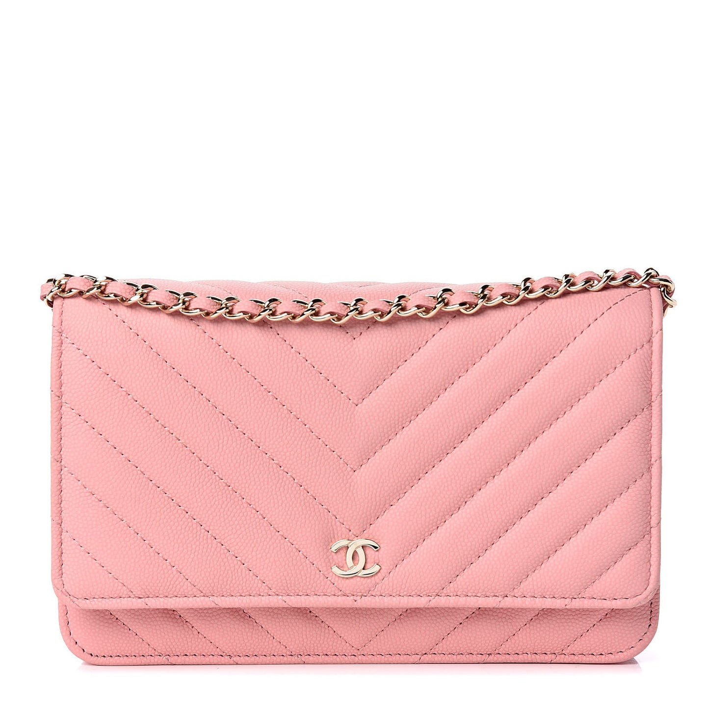 Iridescent Caviar Chevron Quilted Wallet On Chain WOC Pink