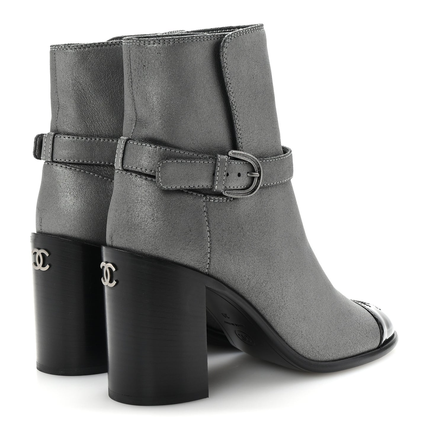 Suede Kidskin Patent Cap Toe Interlocking CC Ankle Boots 39 Dark Silver Black