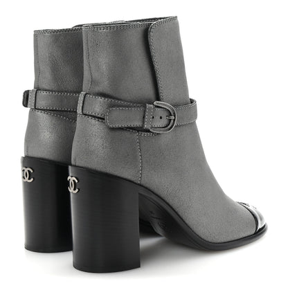 Chanel Suede Kidskin Patent Cap Toe Interlocking CC Ankle Boots 39 Dark Silver Black 5 of 10