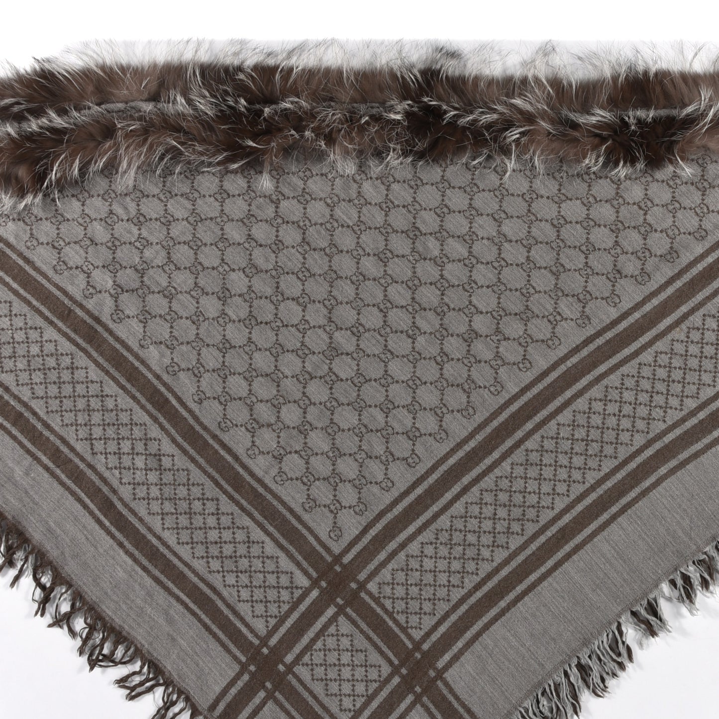 Wool Silk Fox Fur Monogram Shawl Scarf Brown