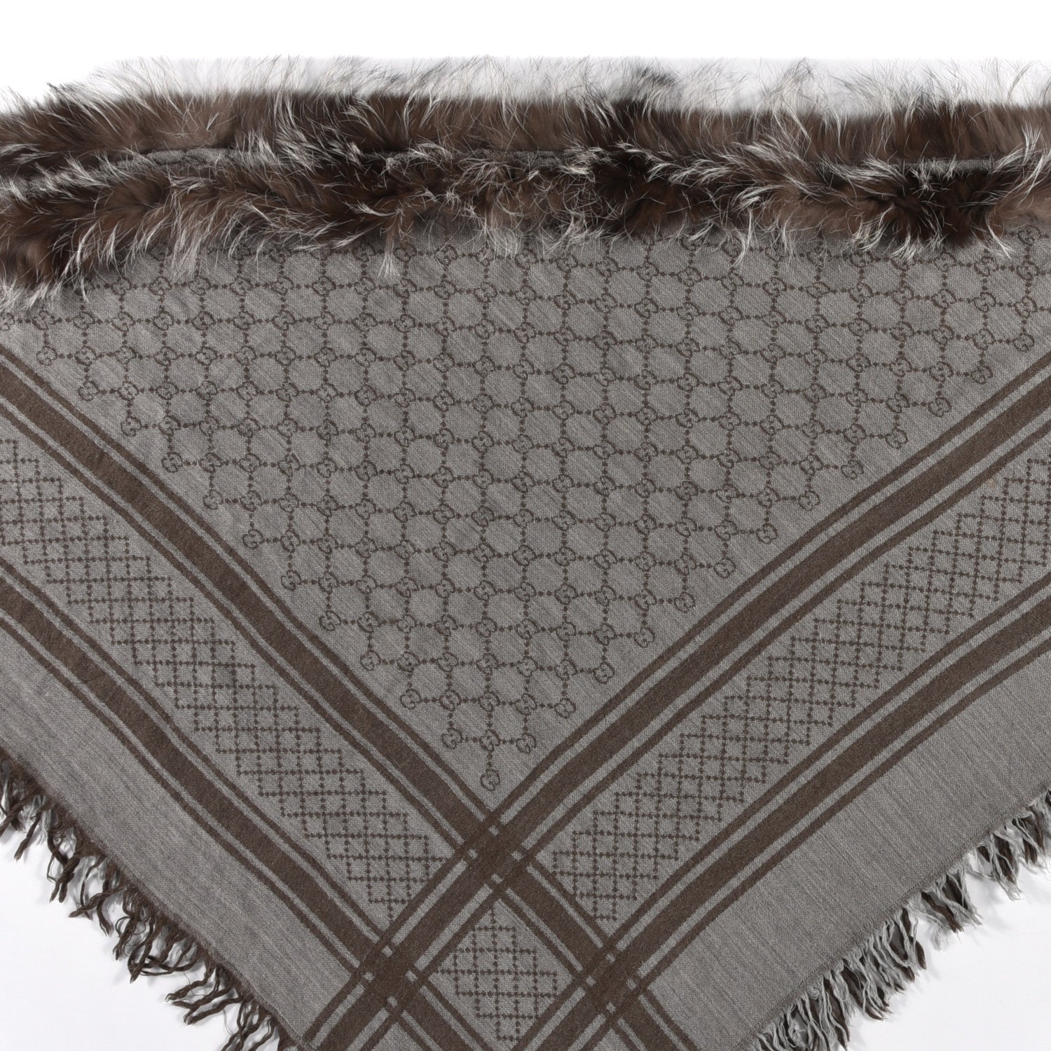 Gucci Wool Silk Fox Fur Monogram Shawl Scarf Brown 2 of 5
