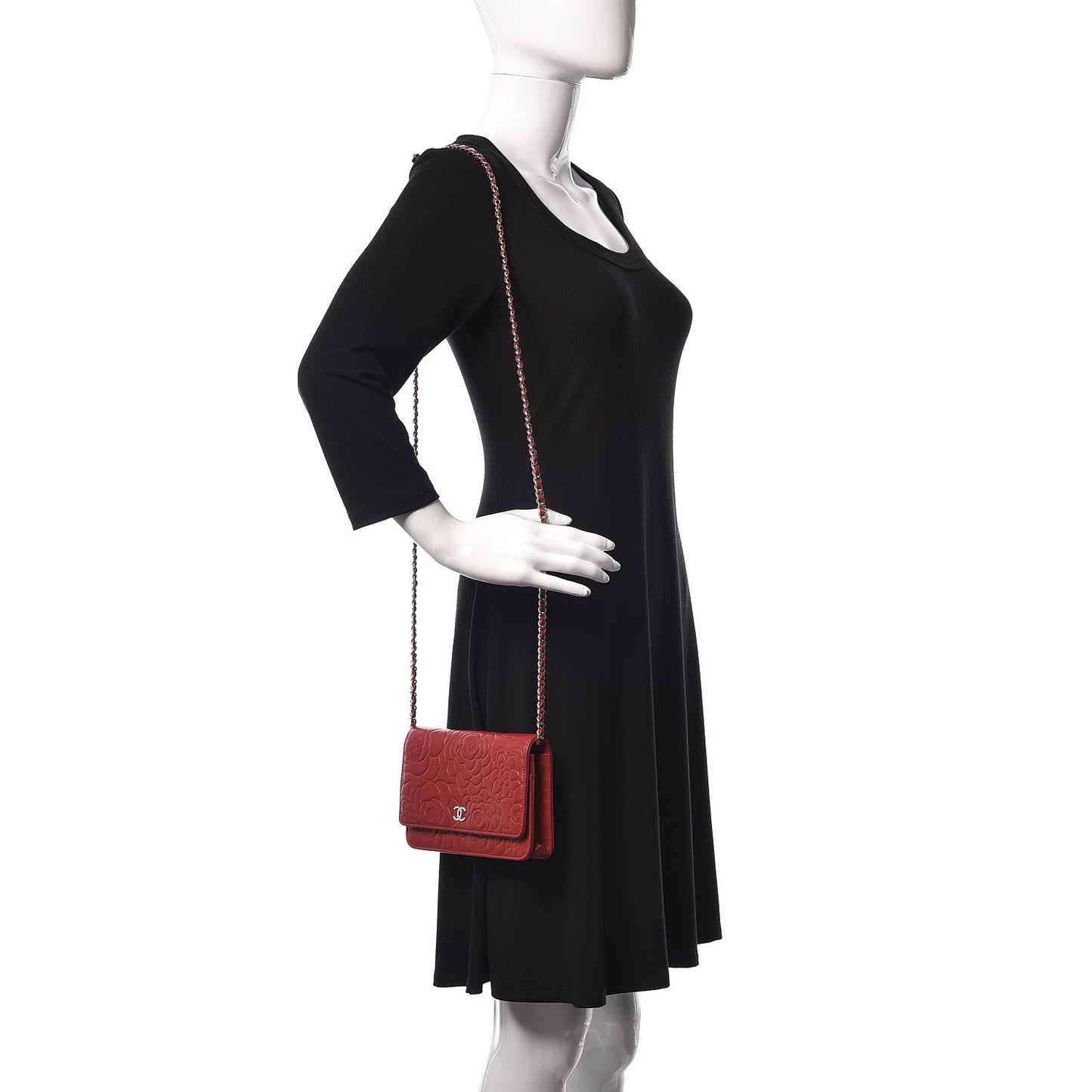 Lambskin Camellia Embossed Wallet On Chain WOC Red