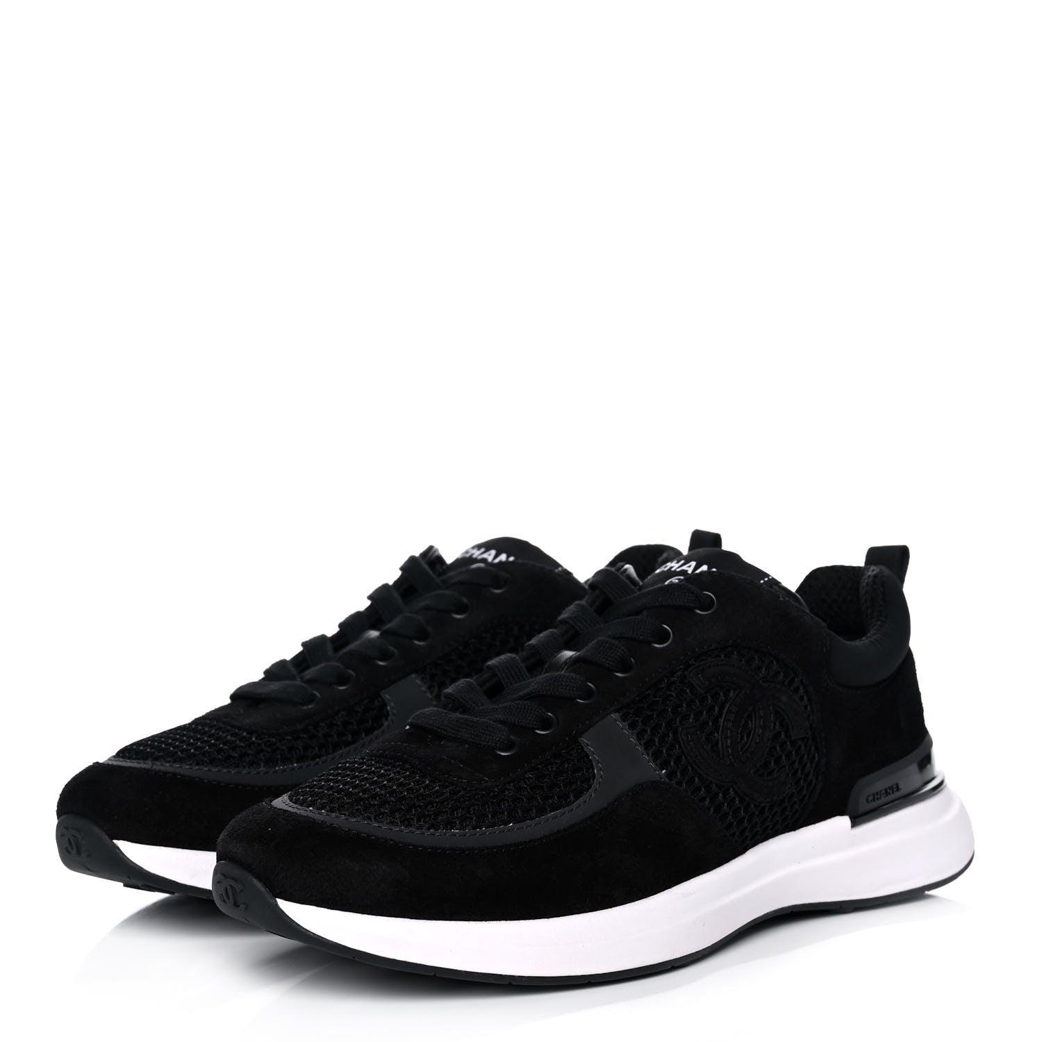 Chanel Calfskin Mesh Lycra Suede Womens Logo Sneakers 39.5 Black 3 of 9