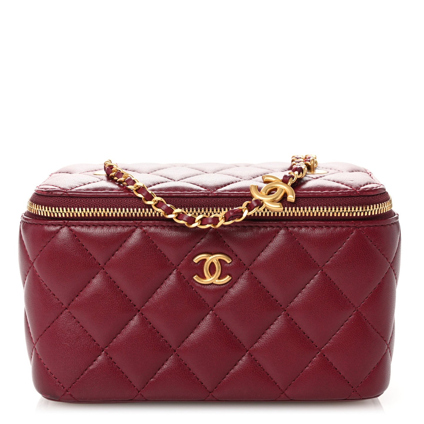 Lambskin Enamel Quilted Small Coco Hearts Vanity Case With Chain Burgundy