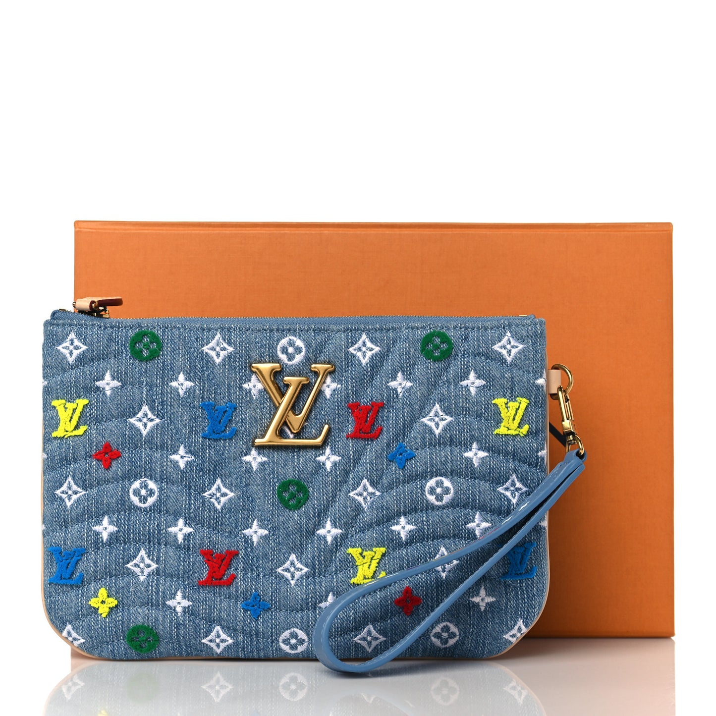 Embroidered Monogram Denim New Wave Zipped Pochette Blue